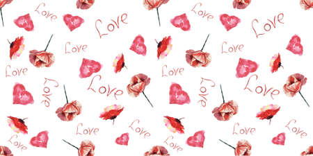 Seamless pattern with watercolor hearts and flowers for any designの写真素材