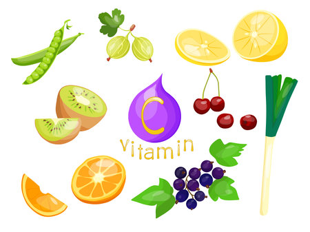 Seth sources of vitamin C. Ascorbic acid. Cartoon flat vector illustration with fruits, vegetables and berries isolated on a white background.のイラスト素材