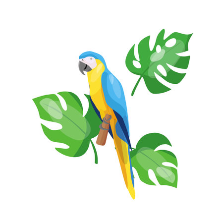 Vector illustration of a tropical blue parrot sitting on a tree in a composition with tropical...