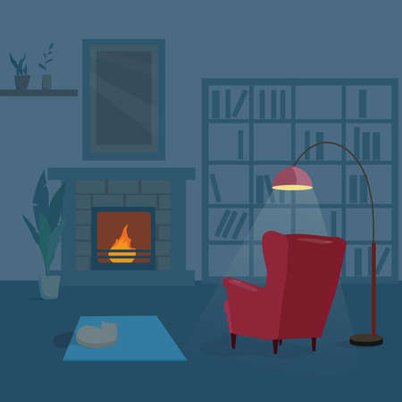 Living room interior with a red cozy chair and a fireplace in the evening. Cartoon vector illustration.のイラスト素材