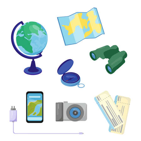 Set of travel items for recreation. Collection of luggage elements for travel, vector. Objects for traveling around the world.のイラスト素材