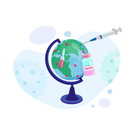 A vaccine and a syringe over the planet. Prevention of coronavirus. Medicine protects the population from the pathogens of the virus.のイラスト素材