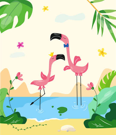 Flamingo date. Vector cartoon illustration.のイラスト素材