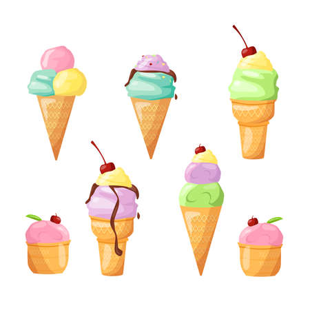 Vector set of delicious ice cream with different fillings, isolated on a white background. Illustration for web design and printing.のイラスト素材