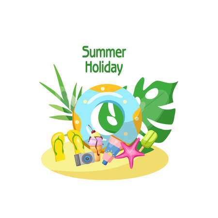 A set of elements for summer holidays, a camera and sunscreen, slippers, a vector illustration in a flat cartoon style, summer holidays.のイラスト素材