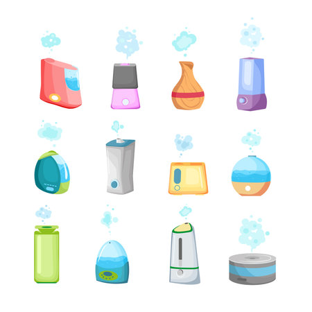 A collection of humidifiers. An ecological system for humidifying dry air in the house and any other room. Microclimate of household appliances. Modern vector flat cartoon illustration.のイラスト素材