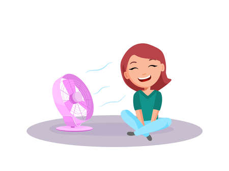 The girl is sitting in front of the fan, enjoying the coolness. Vector illustration in a cartoon flat style.のイラスト素材