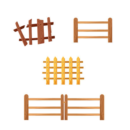 A set of wooden fences of different types. Vector cartoon illustration.のイラスト素材