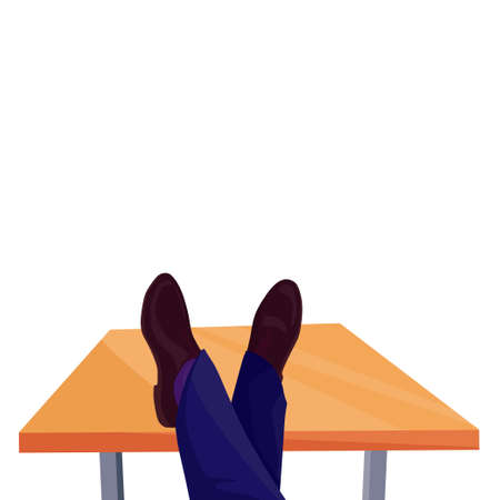 The boss at the workplace in the office in the first person put his feet on the table. Vector illustration in cartoon style.のイラスト素材