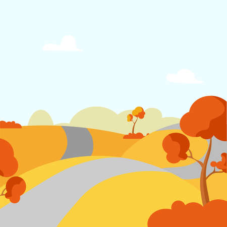Autumn rural landscape with trees, fields and a road. Vector cartoon illustration.のイラスト素材