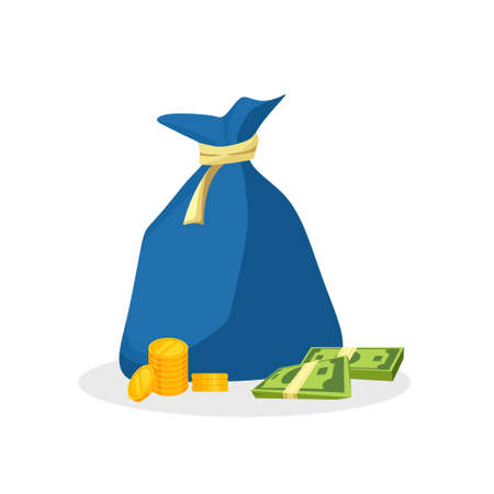 A bag of money. Paper bills and gold coins. A symbol of wealth. Vector cartoon illustrationのイラスト素材
