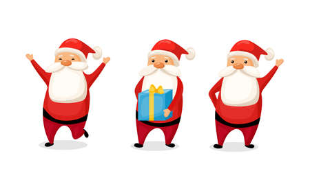 Cute Santa Claus with a gift, a bag of gifts and waving. Vector Christmas set in cartoon styleのイラスト素材