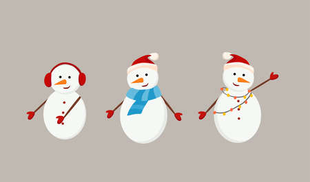 A set of funny snowmen in cartoon style. Vector illustrationのイラスト素材