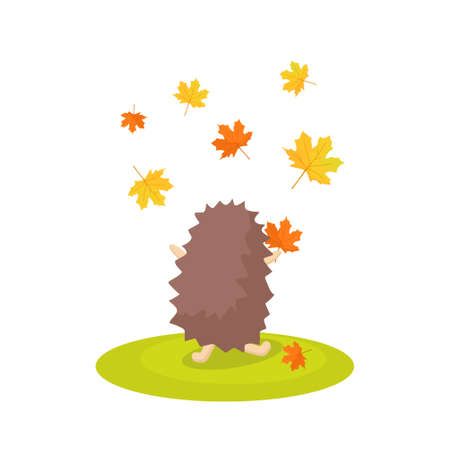 The hedgehog stands with his back and throws autumn leaves in the air. Vector cartoon illustrationのイラスト素材