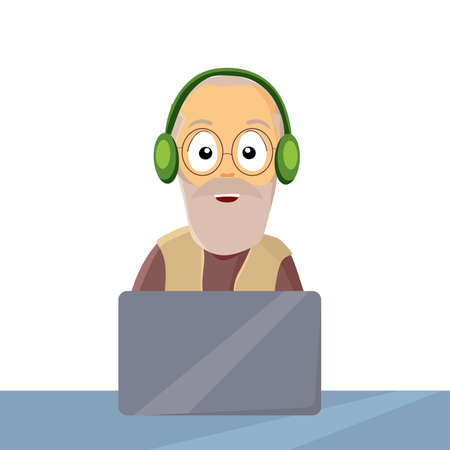 A cheerful grandfather is sitting at a table with headphones on, using a laptop for online communication, playing games or remote work. Vector cartoon illustrationのイラスト素材