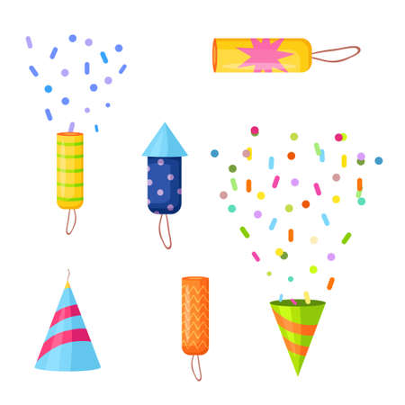 A set of various firecrackers with confetti for the holiday. Vector illustration.のイラスト素材