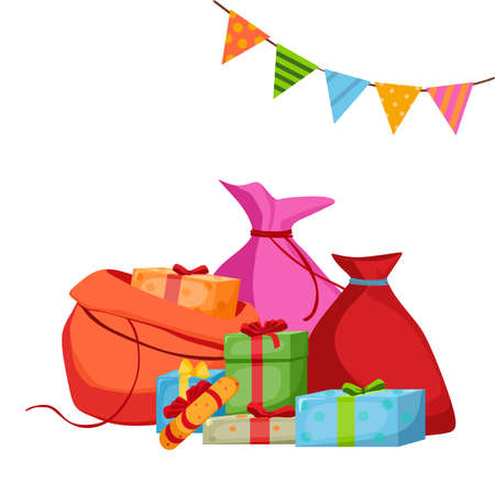 Christmas bags with gifts next to which there are boxes with gifts. Vector illustration.のイラスト素材