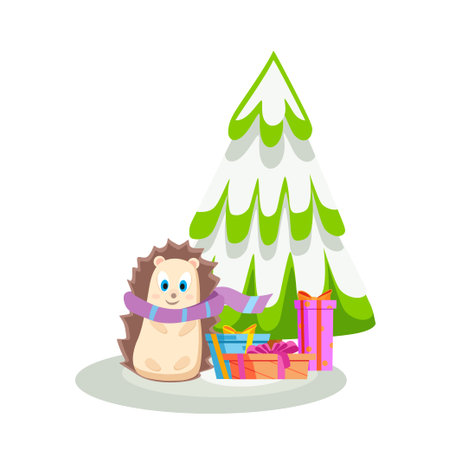 A hedgehog gives gifts standing next to a snow-covered Christmas tree. Vector illustration.のイラスト素材