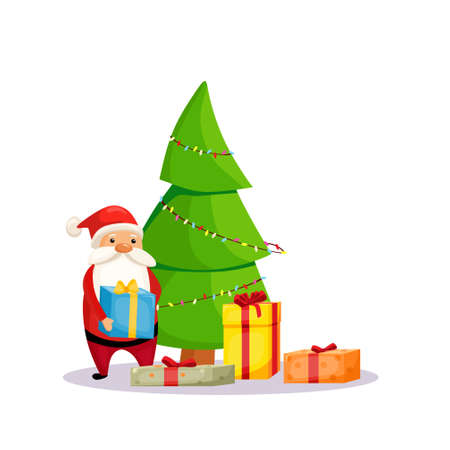 Santa gives gifts standing next to a decorated Christmas tree. Vector illustration. Christmas.のイラスト素材