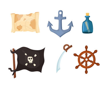 A pirate set of a map, a bottle with a note, a flag, a rudder, an anchor. Symbols of the sea adventure vector.のイラスト素材