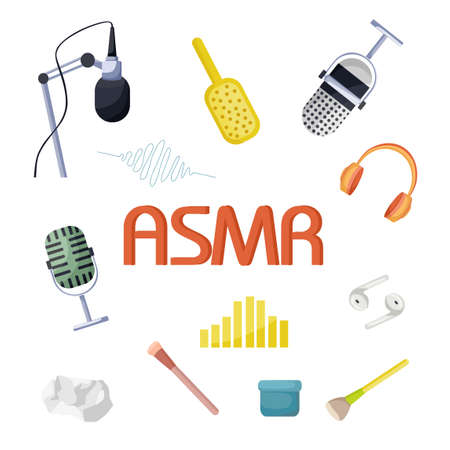 ASMR Vector Element Set - High Frequency Microphone, Headphones, Brushes, Paper, Sound Graphのイラスト素材