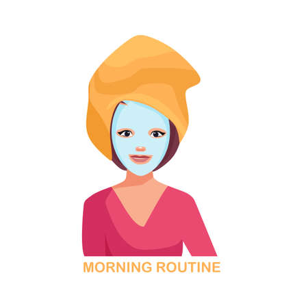 The girl performs morning procedures. There is a mask on the face, the hair is wrapped in a towel. Vector cartoon illustration.のイラスト素材