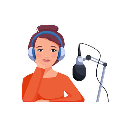 Podcast concept. A girl with headphones at the table is recording an audio broadcast. Vector illustration in flat cartoon styleのイラスト素材