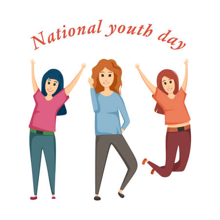 Joyful girls celebrating national youth day. Vector cartoon illustrationのイラスト素材