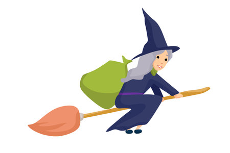 Joyful Befana flies on a broomstick with a bag of gifts. Vector illustration in cartoon styleのイラスト素材