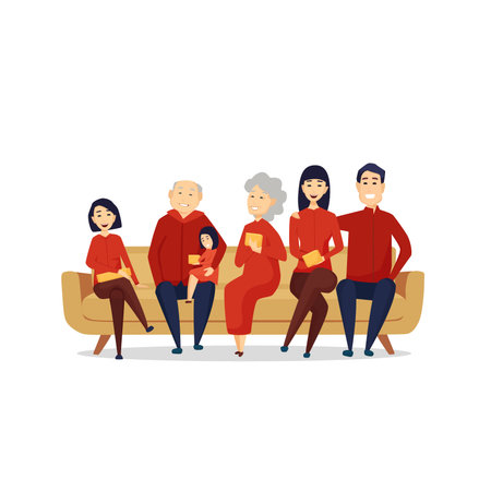 An Asian family enjoys a reunion on New Years Eve, sitting on the couch. Vector cartoon illustration
