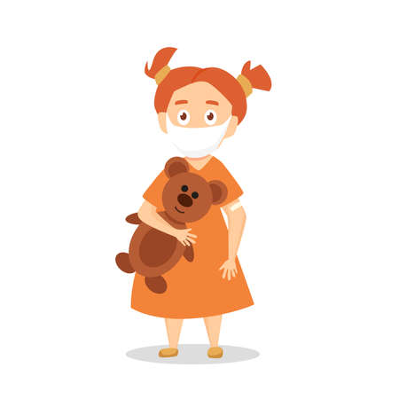 A girl in a mask with a bear after drinking. Global hope for  vaccine concept. Family vaccinationのイラスト素材
