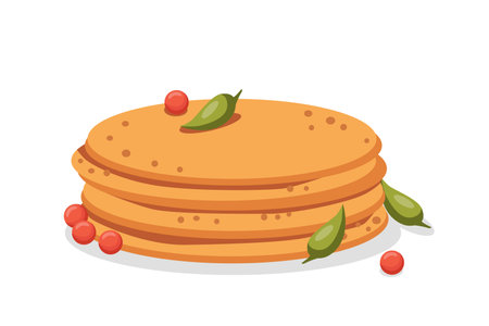 A plate with a bunch of pancakes with berries. Bright color vector illustration in cartoon styleのイラスト素材