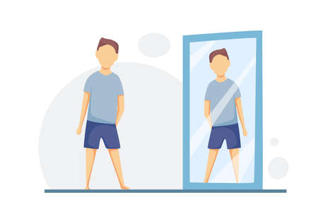 A man looks at his reflection in a full-length mirror. Love yourself, self care, self acceptance concept. Vector cartoon illustration.のイラスト素材