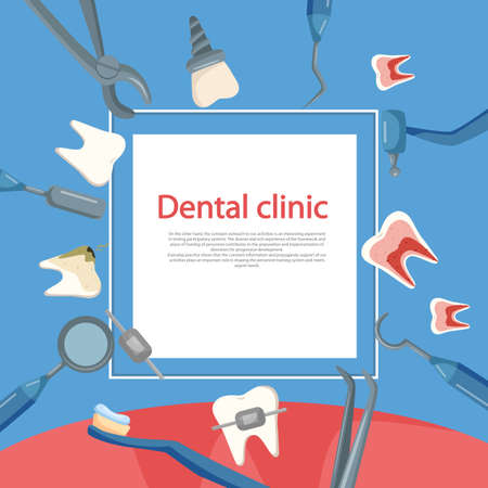 Dental concept frame. Teeth at different stages of treatment. Vector cartoon illustration. Dental tools and equipment on a blue frontのイラスト素材