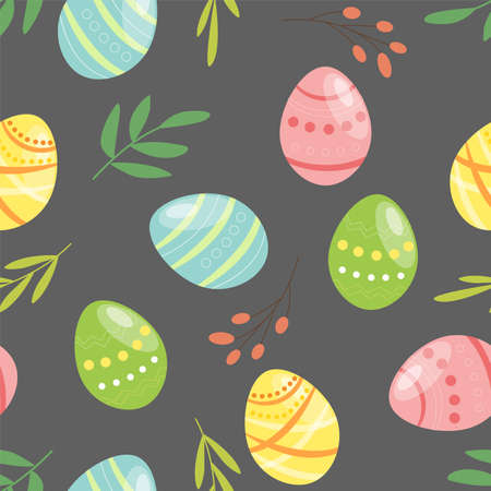 Easter pattern with eggs and green leaves. Vector cartoon illustration.のイラスト素材