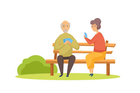 Senior citizens play cards sitting on a bench in the park. Vector cartoon illustration.のイラスト素材