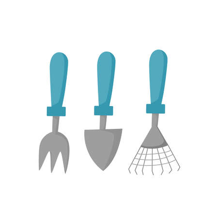 gardening equipment. Shovel, pitchfork, rake. Vector cartoon illustrationのイラスト素材