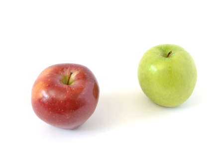 two apples red and green on a white backgroundの写真素材