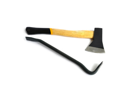 Axe and nail drawer on a white background の写真素材