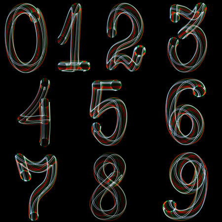 The numbers, isolated on black background. Photography style freezelight. 