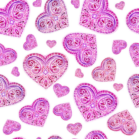 watercolor, repetition of hearts on a white background