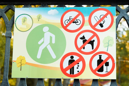 poster with prohibitory signs in the parkの写真素材