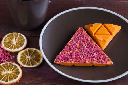 orange chocolate with freeze-dried raspberriesの写真素材