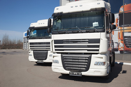 White trucks stand in line