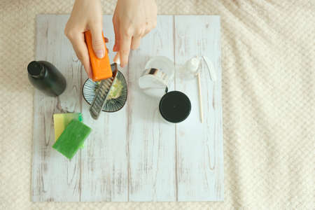 DIY cosmetics. hands in the frame create a cream of different ingredients.の写真素材