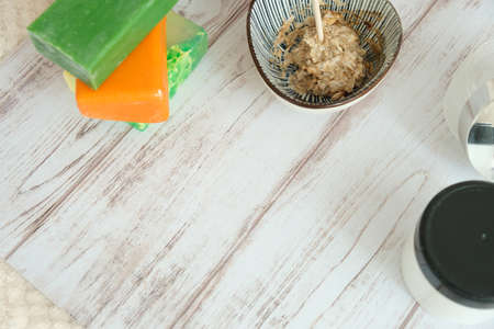 DIY cosmetics. hands in the frame create a cream of different ingredients.の写真素材