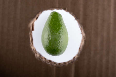 Brazilian green avocado close up on white background round cardboard box frameの写真素材