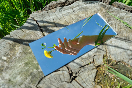 In the mirror are hands holding flower with blue sky.