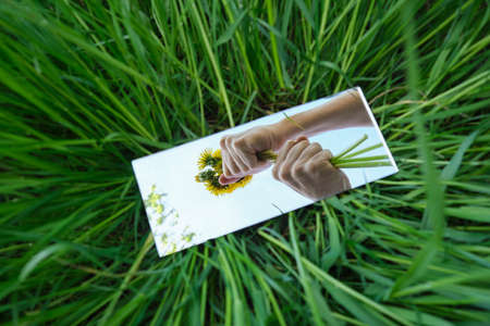  abstraction. in the mirror are male hands, dandelions sky. green nature around. close-upの写真素材