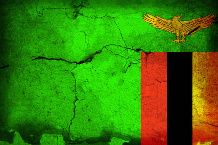 The flag of Zambia, adopted on October 24, 1964, is green with an orange coloured eagle in flight over a rectangular block of three vertical stripes, coloured, from left to right: red, black and orange.の写真素材